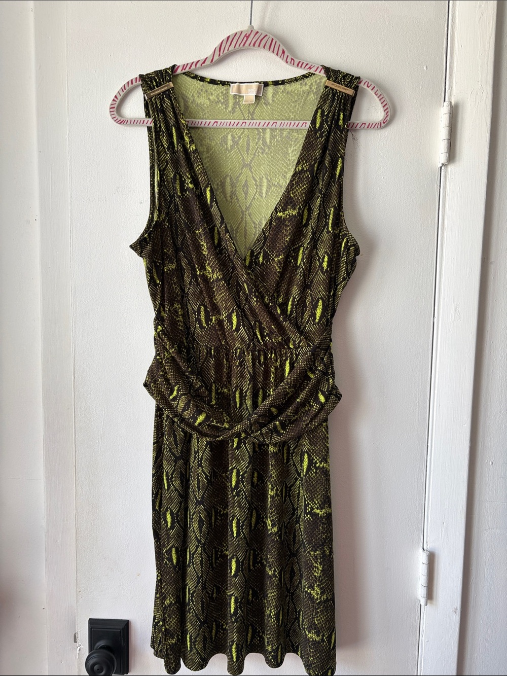 Michael Kors Olive Green and Black Snake-Print Sleeveless Wrap Dress